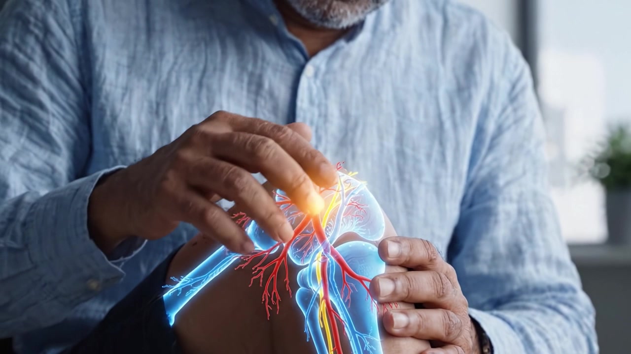 En medisinsk fagperson undersøker en detaljert anatomisk modell av det menneskelige kneet, med fokus på komplekse sener, nerver og vaskulære strukturer i en klinisk setting.