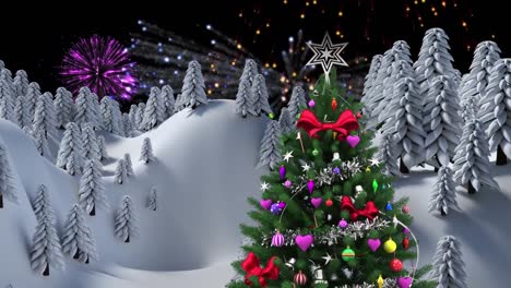 Animation-of-fireworks-and-christmas-tree-over-winter-landscape