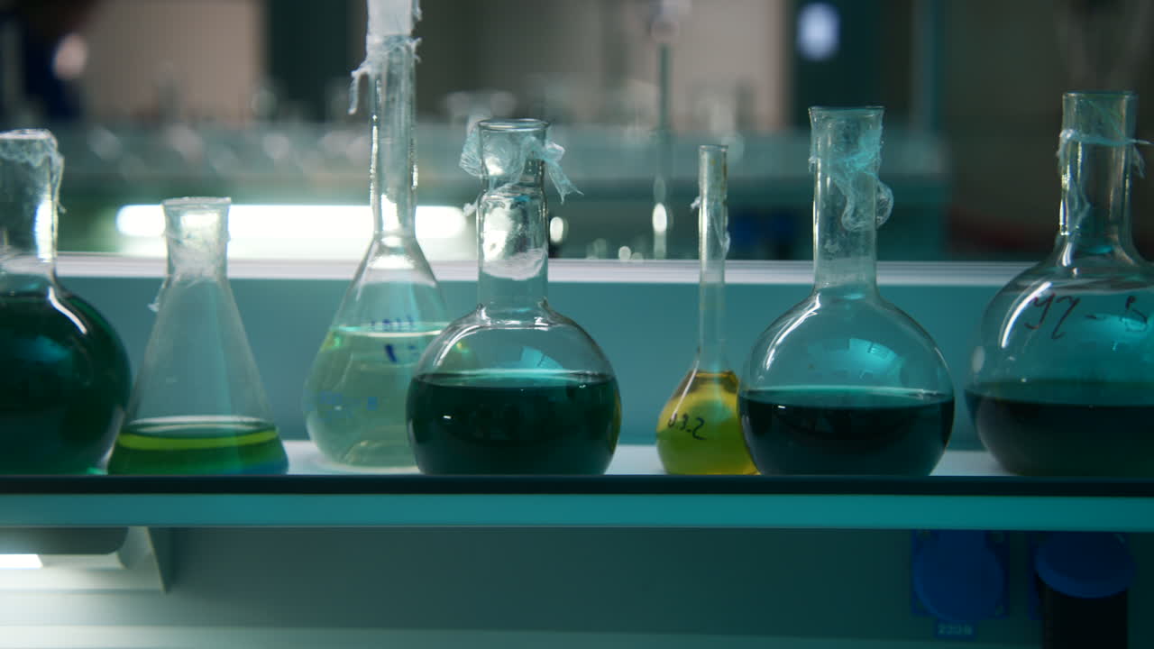 Laboratory experiment with various beakers and flasks