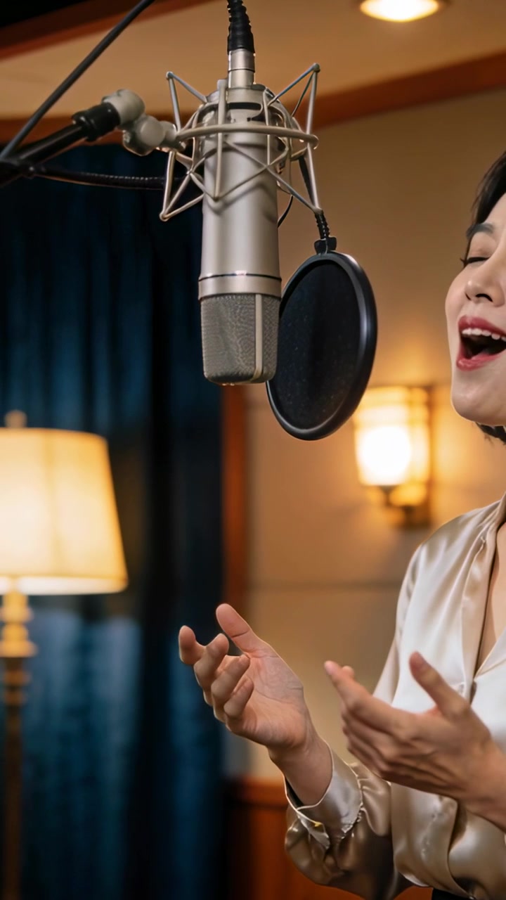 Video verticale: Cantante che inspira, con top di raso, canta in studio in un microfono con filtro anti-pop, con spazio per il testo