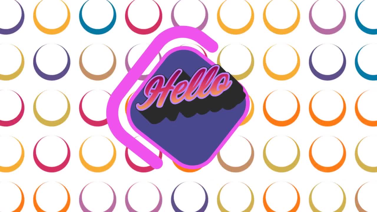 animación del texto de saludo sobre gráficos y formas coloridas