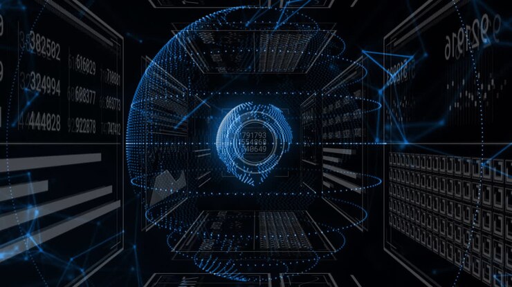 Animation of statistics and digital data processing over dark background