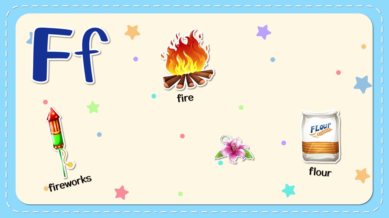 Animated flashcard displays letter F with appearing icons for fire, fireworks, flour, flower, and football