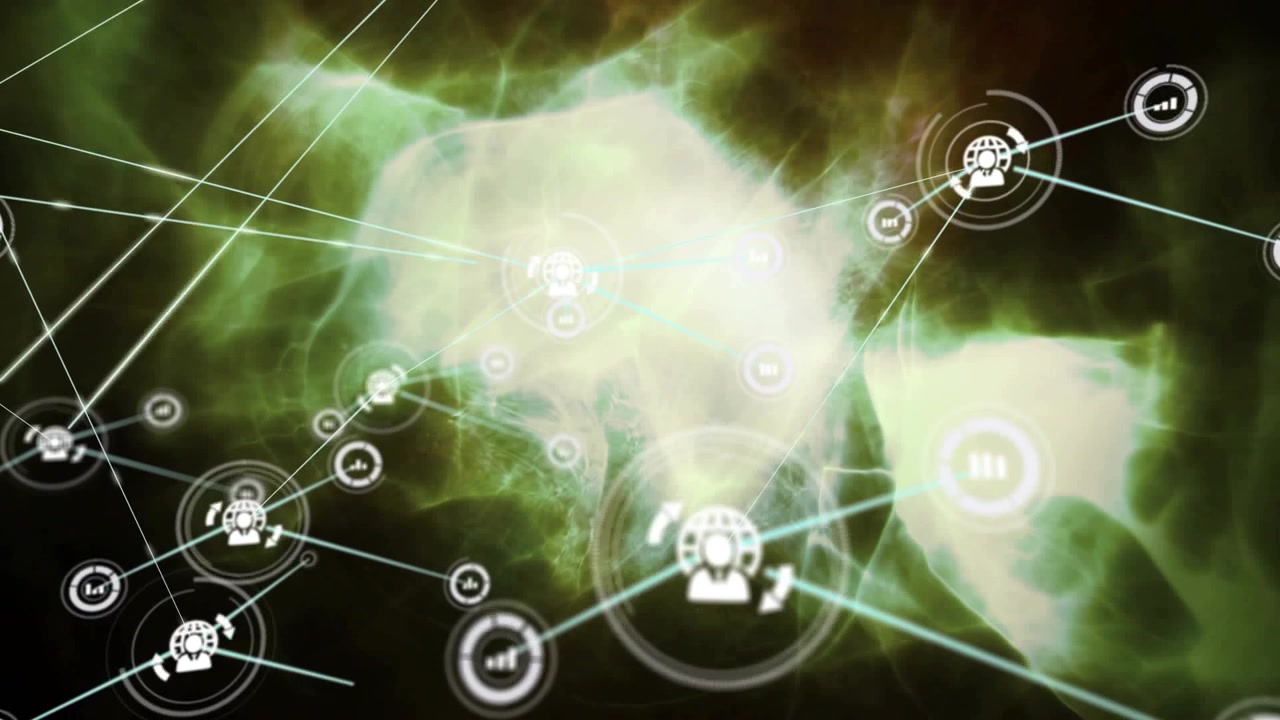 Primo nodo che appare, rete che si espande su una nebulosa verde, nodi dell'interfaccia utente che collegano grafici per dati tecnologici.