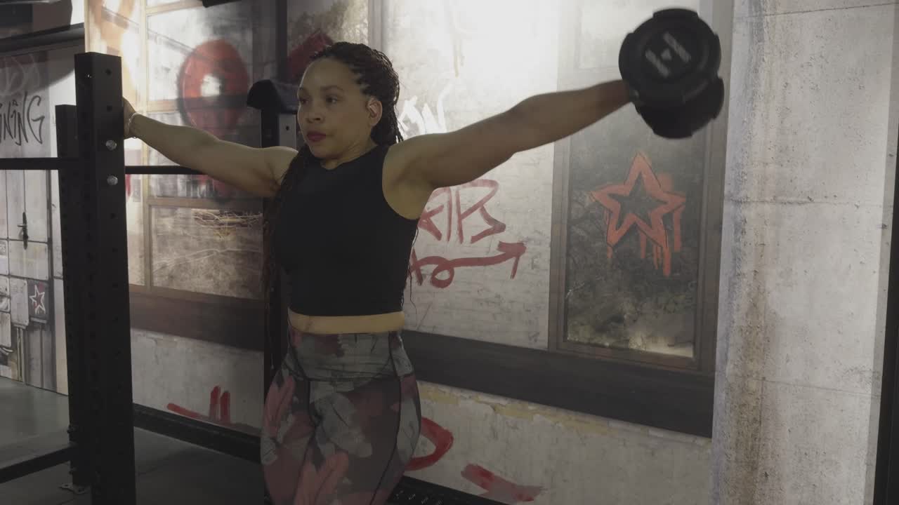 Woman holds a gym rack and lifts a dumbbell sideways, stopping at shoulder height
