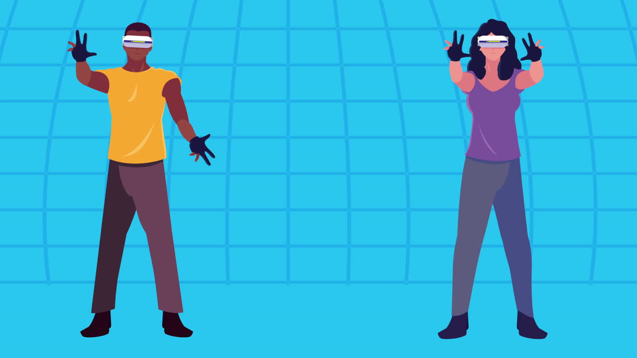 virtual reality tech animation with users couple playing