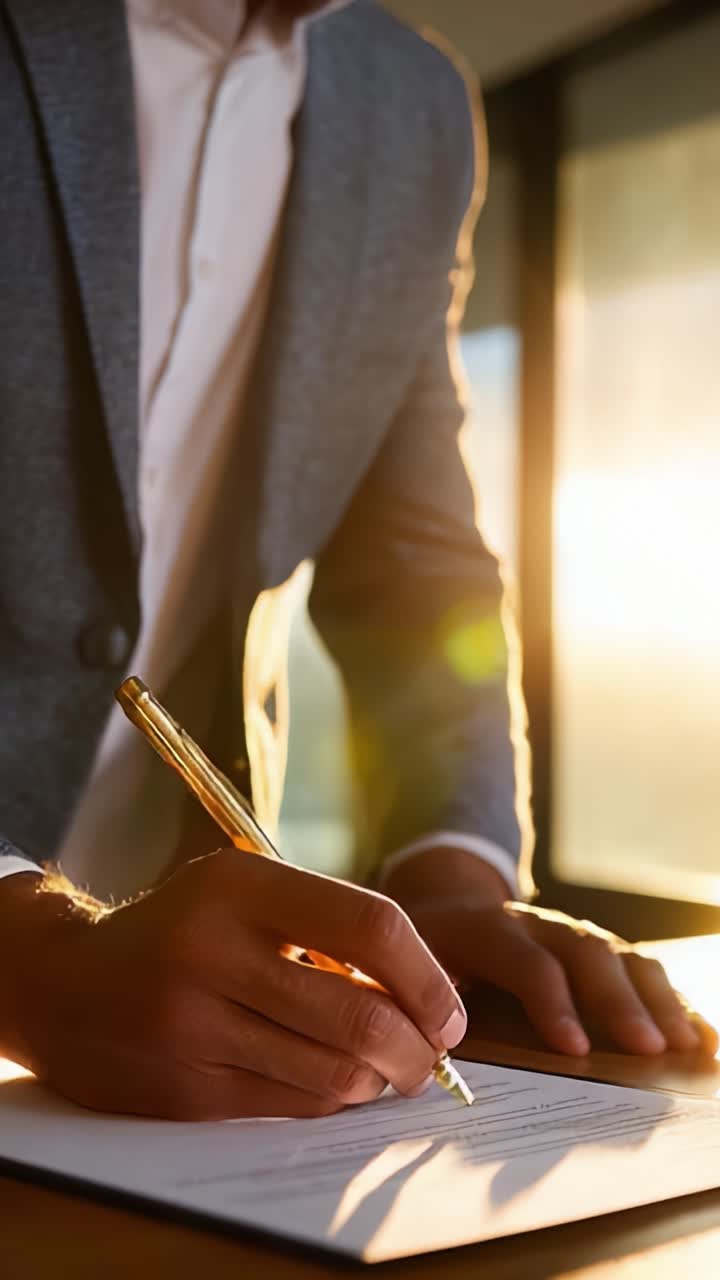 Una persona concentrata che firma un documento importante al tramonto, a dimostrazione di determinazione e chiarezza in un ambiente aziendale pieno di luce calda e dorata.