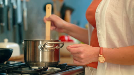 Steel-pot,-kitchen-and-cooking-of-woman-hands