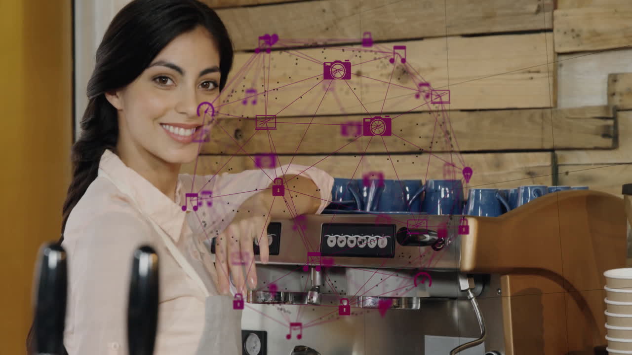 Female barista pulling espresso lever in cafe, overlaying purple network icons for technology