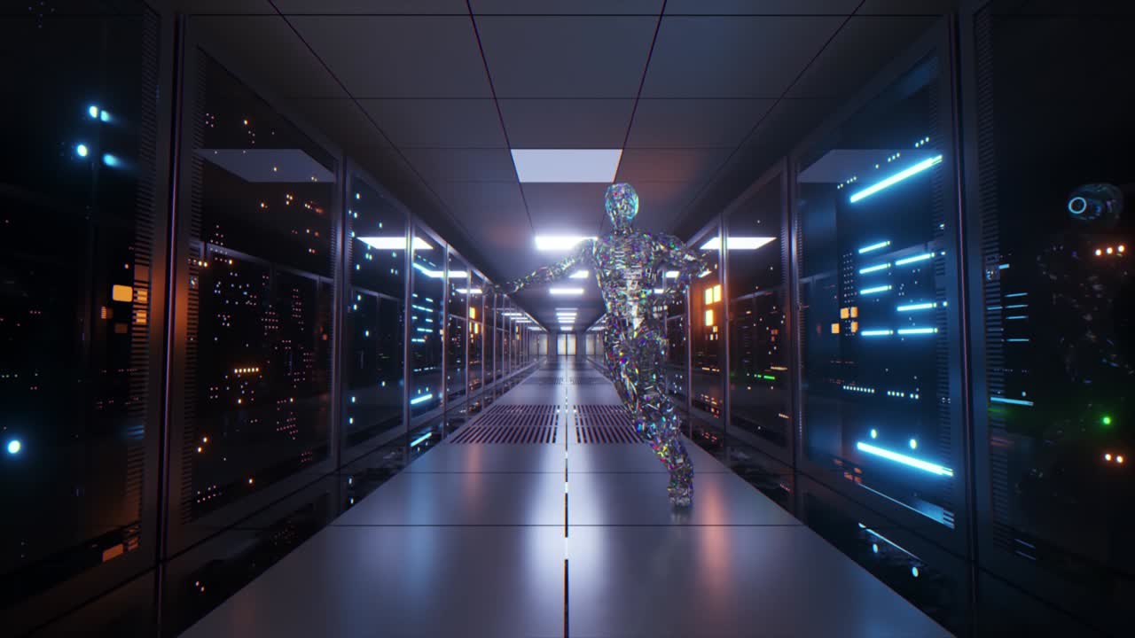 el robot diamante está bailando en el fondo de la sala del servidor. bailarín. luz de neón. animación 3d de bucle sin costuras