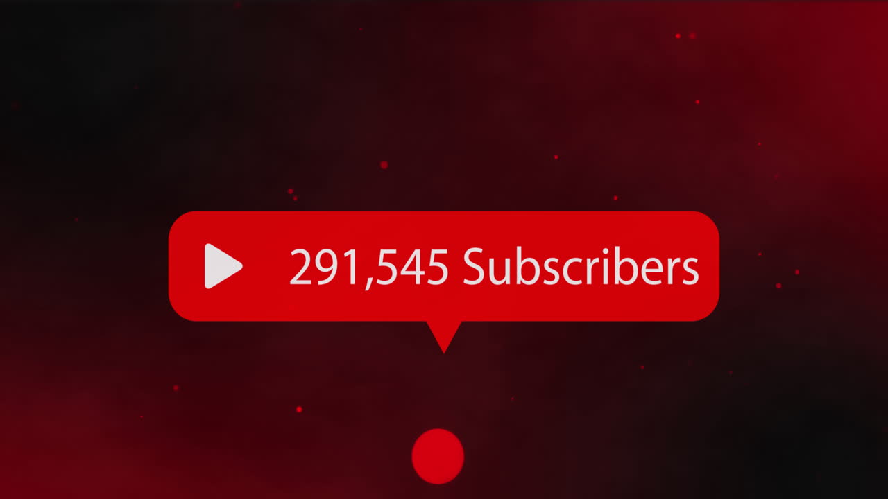 Animation of red speech bubble with number of subscribers over red spots and clouds of smoke