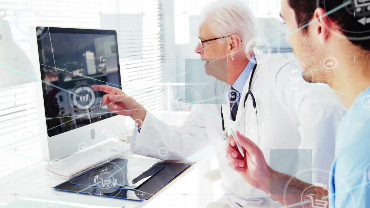 Doctor mentoring staff at medical computer desk, with animated data icons overlaying cityscape
