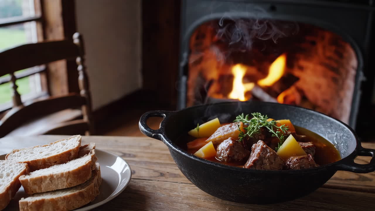 Preparing and serving a warm beef stew by a cozy fireplace