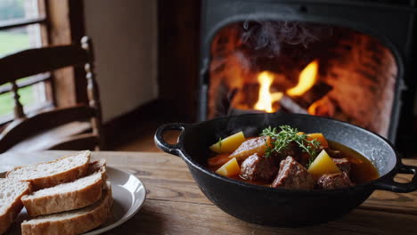preparing and serving a warm beef stew by a cozy fireplace