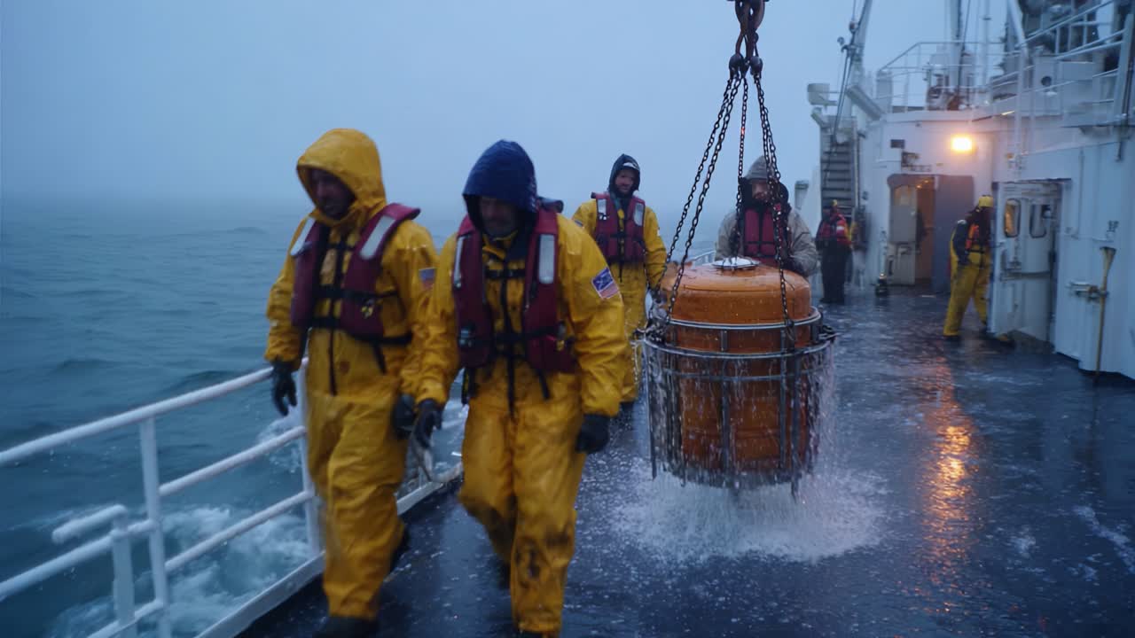 Crew Members Working on a Ship Under Adverse Weather Conditions, Carefully Handling a Marine Buoy Lifted by a Crane, Surrounded by Rough Seas and Fog