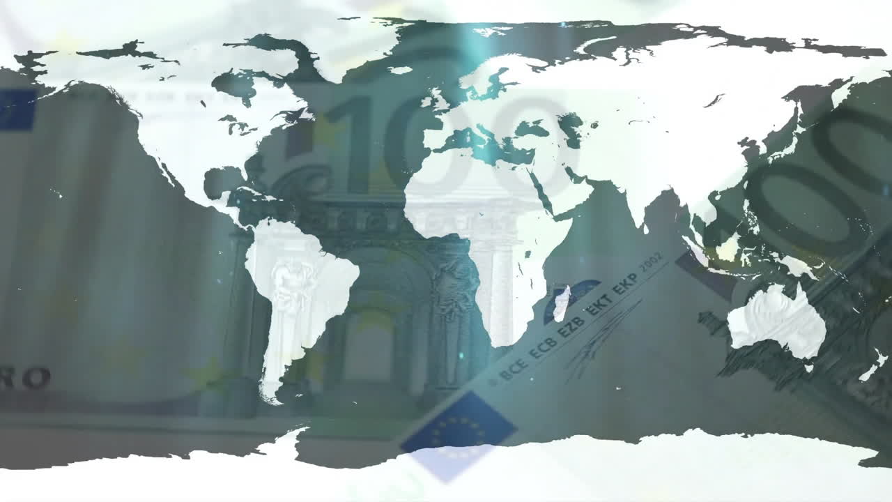 Animation of euro currency overlaying world map, illustrating global financial connections