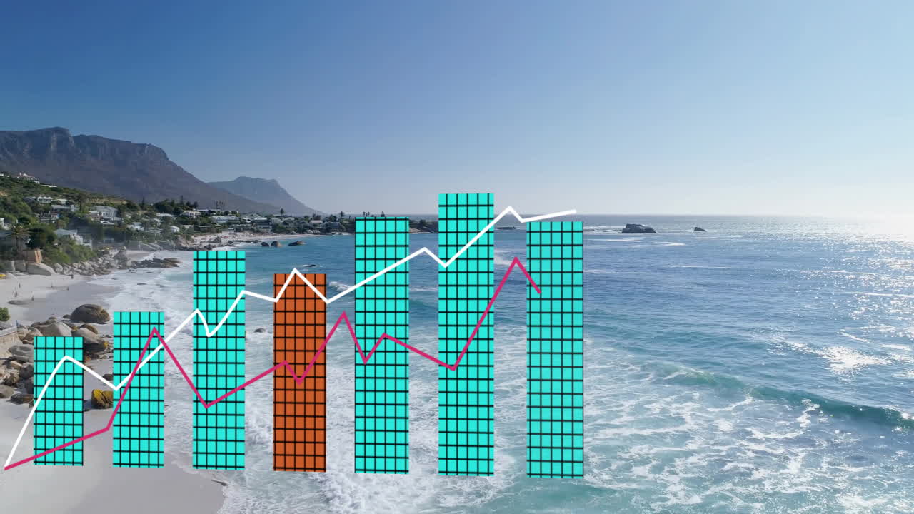 Bar and line graph animation over scenic coastal landscape with clear blue sky