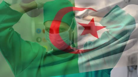 Algeria-flag-waving-against-senior-female-surgeon-wearing-face-mask-at-hospital