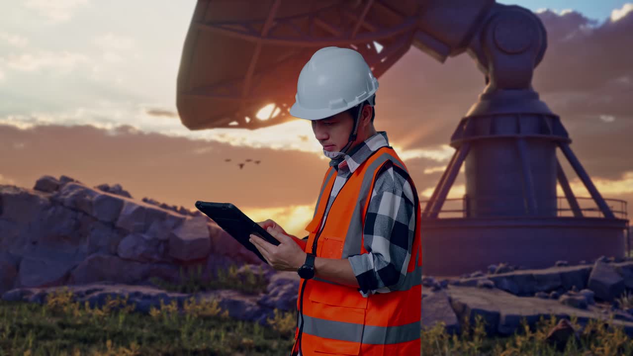 Side View Of Asian Male Engineer With Safety Helmet Working On A Tablet While Standing With Large Satellite Dish