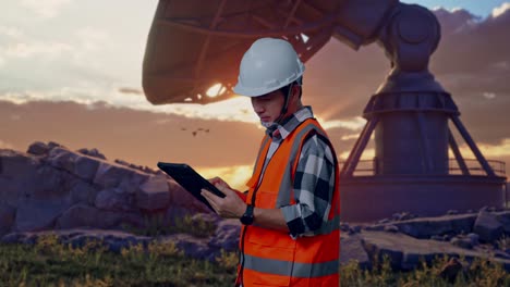 side view of asian male engineer with safety helmet working on a tablet while standing with large satellite dish