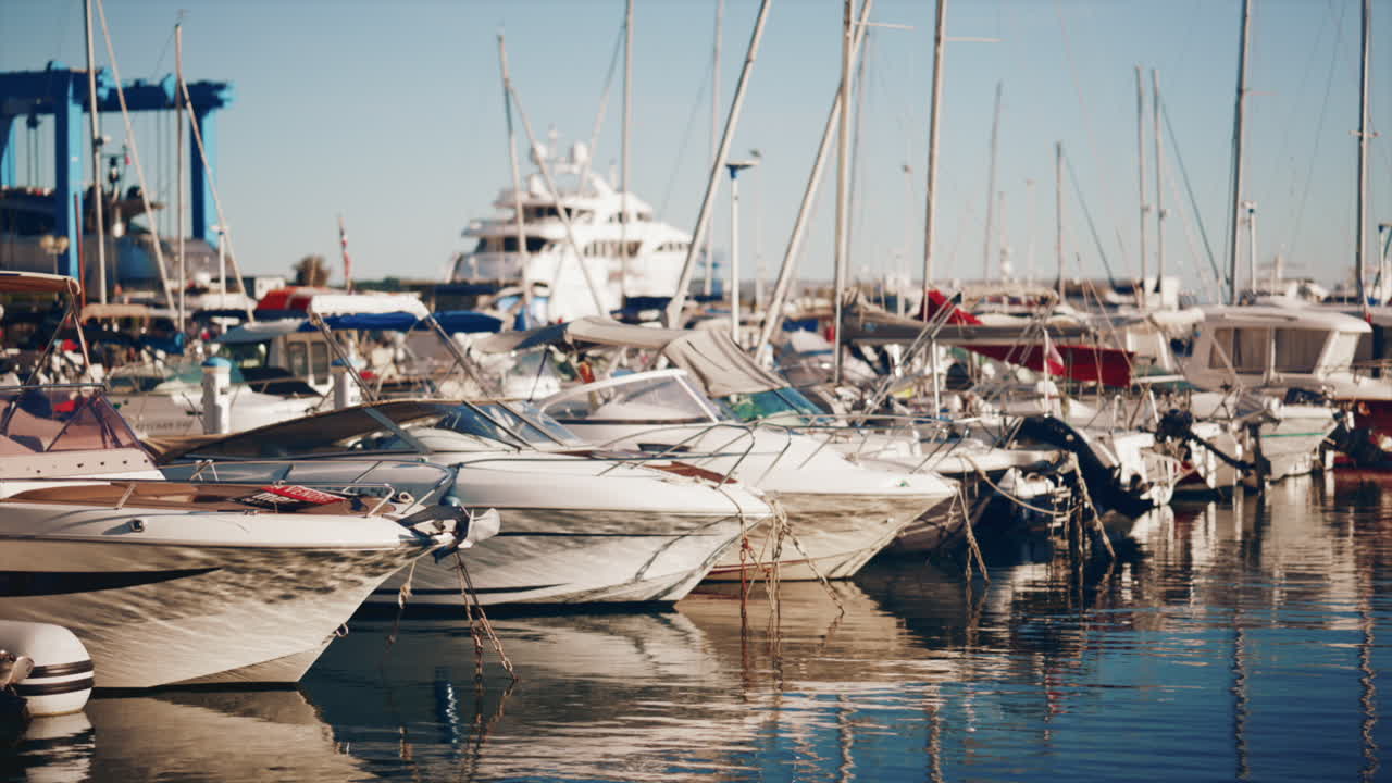 Blick auf Yachten und Boote, die in einem sonnigen Jachthafen unter klarem, blauem Himmel vor Anker liegen