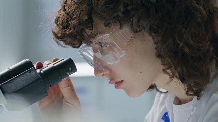 Female Scientist Performing Microscopic Analysis in Laboratory