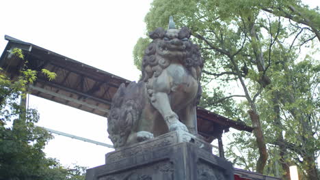 Stone-lion-statue-surrounded-by-tall-trees-in-fron-of-a-shrine-in-Kyoto,-Japan-soft-lighting