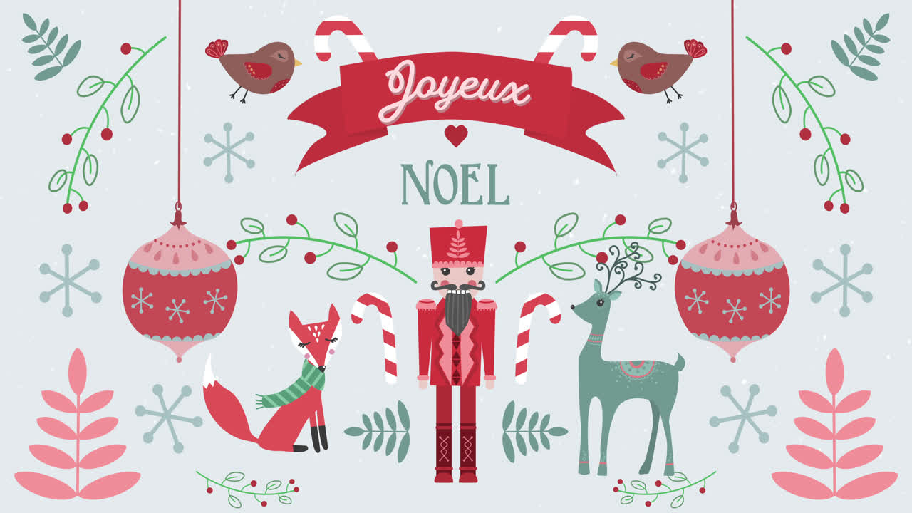 Animation of Joyeux Noel words with animals on Christmas decorations background