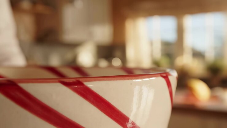 Extreme close view of white ceramic bowl rim with bold red diagonal stripes in warm kitchen interior, with soft focus shifting toward painted edge, glossy glaze, and gentle daylight reflections