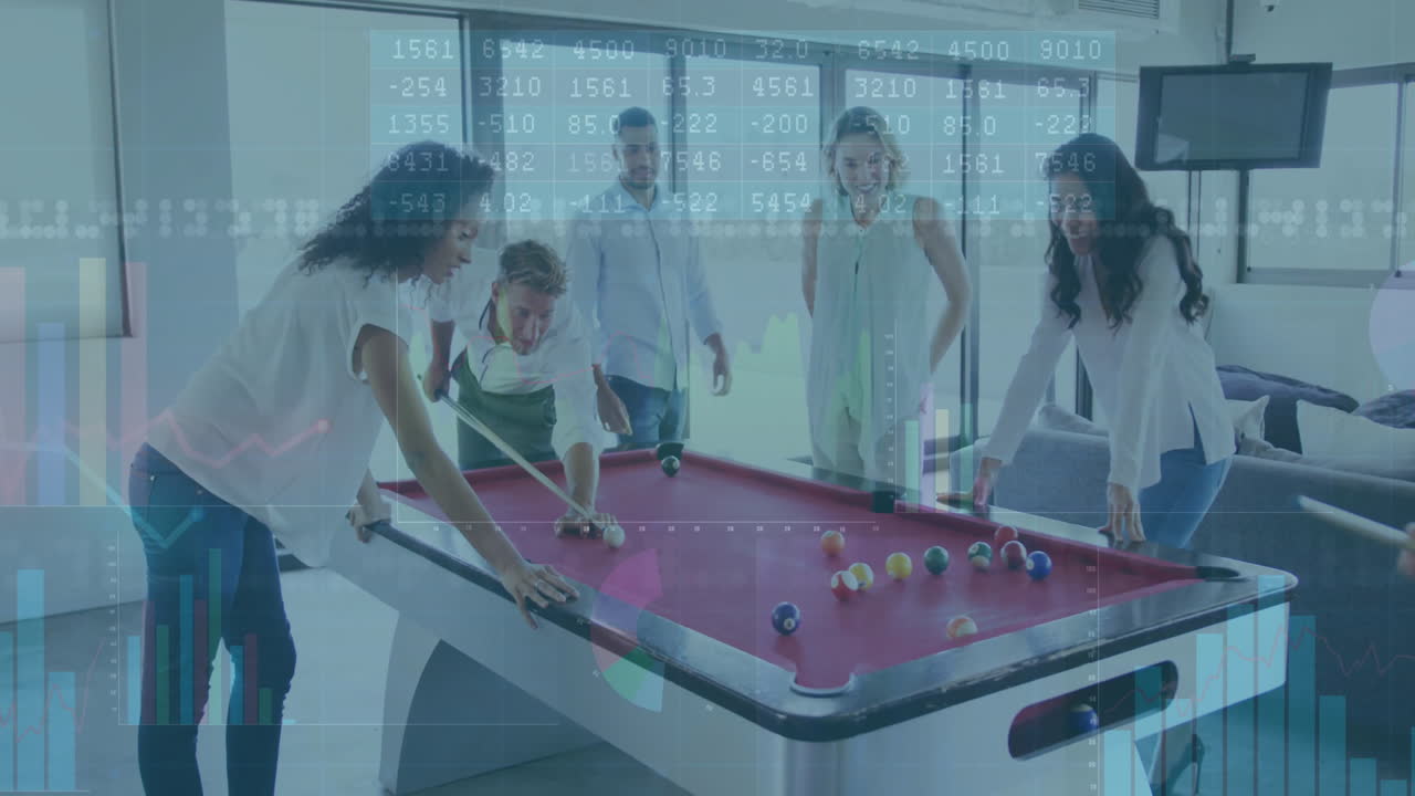 Playing pool, people with financial data processing animation overlay in background