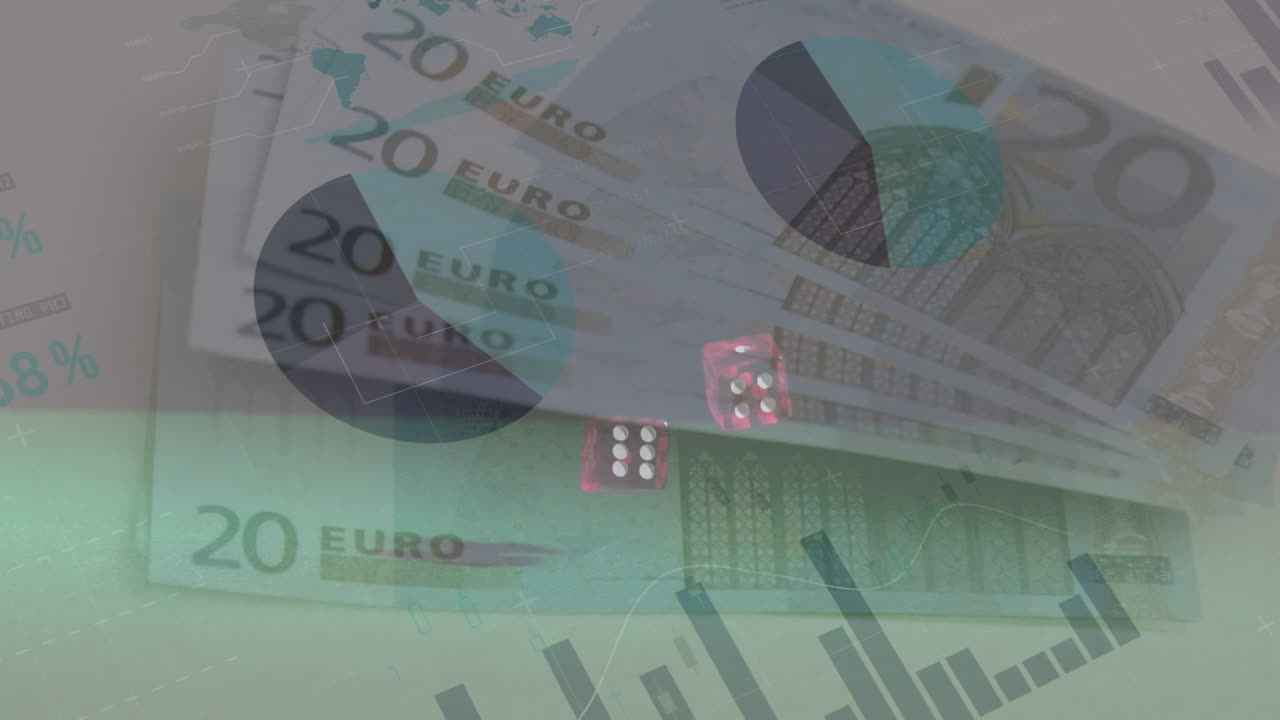 은행권과 주사위에 대한 데이터 처리의 애니메이션