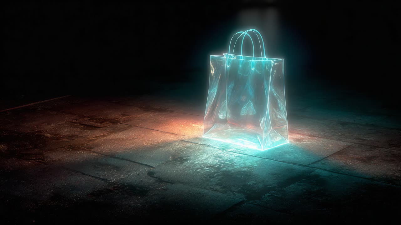A Translucent Shopping Bag Illuminated in a Dimly Lit Space with Ethereal Glow, Capturing the Essence of Modern Retail and Minimalism