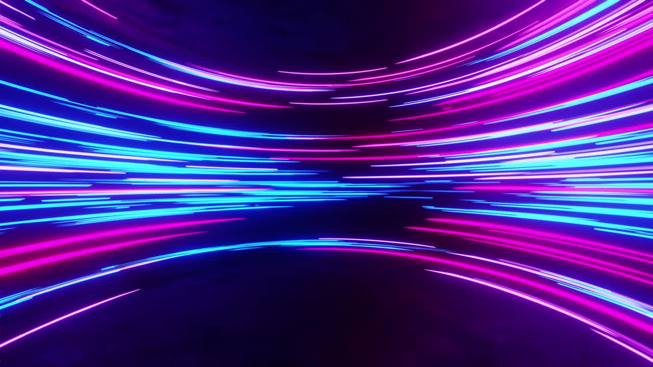 Light stripes moving fast over dark background and are reflected in the floor