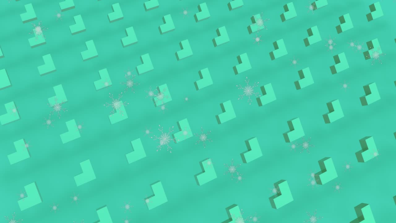Animation of white particles falling over 3d structures in seamless pattern against green background