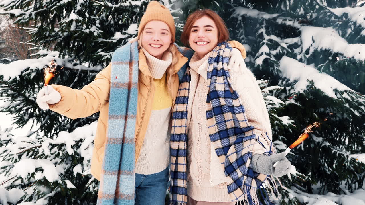 두 소녀가 스파클러와 함께 겨울의 재미를 축하하고 있습니다.