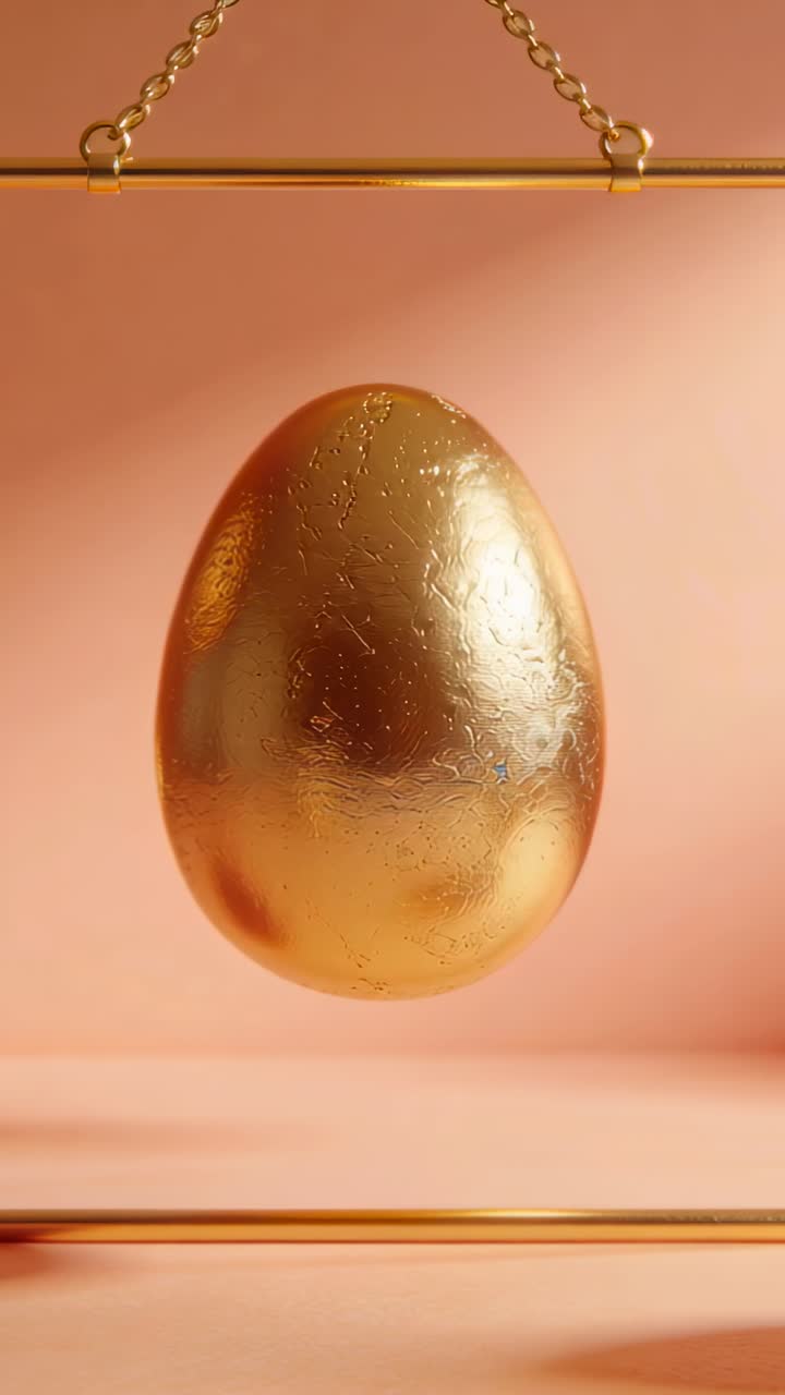 Swinging golden egg bobbing, rotating on gold chain and bars at peach backdrop, second egg entering