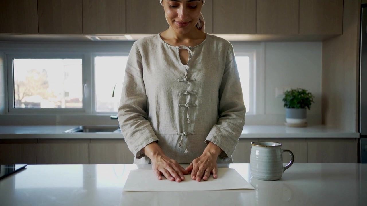 Una donna in tunica e sciarpa nota un lenzuolo piegato, lo liscia sull'isola della cucina, preparando l'area, con una tazza.