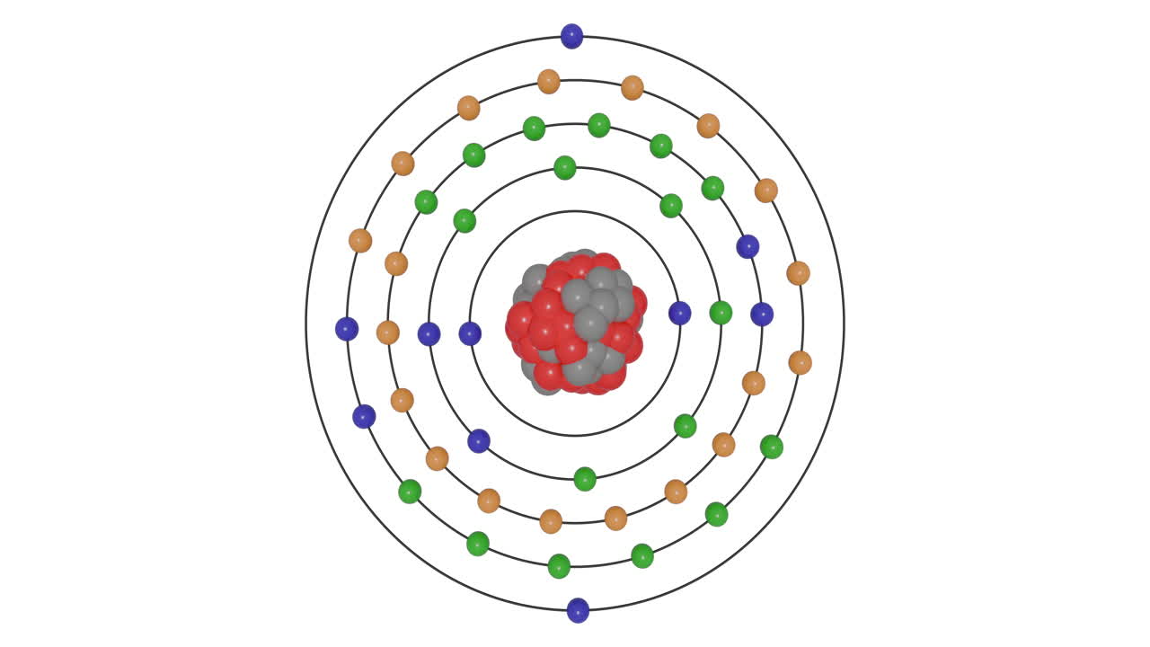 3D animation of a Silver (Ag) atom in the Bohr model with electron orbits, nucleus, protons, neutrons, and energy levels in a seamless loop. Ideal for STEM education and scientific visualization