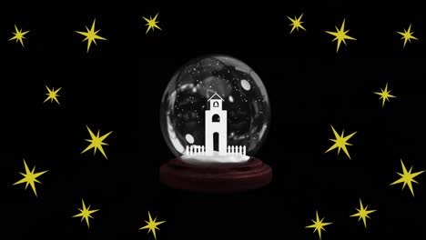 Animation-of-stars-over-christmas-snow-globe-on-black-background