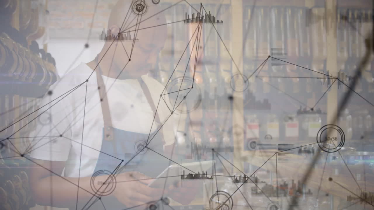 Network of connections and data processing animation over person working in workshop