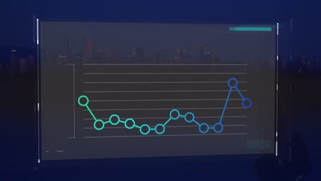 graphs on screen with cityscape