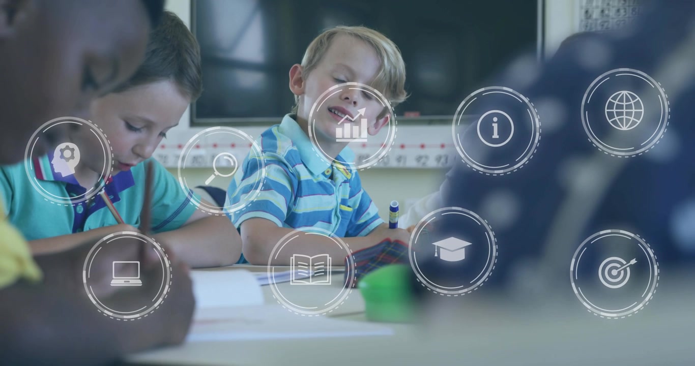 Main boy looking up at teacher while writing in school class, causing digital icons laptop settling