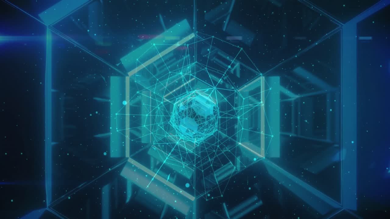 Animation of dots and connections over moving hexagon tunnel made of neon lights