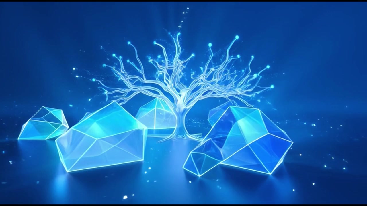 Abstract 3D Animation of Glowing Geometric Crystals and Digital Tree