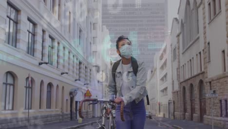 animation of stock market data processing over asian woman wearing face mask with bicycle walking