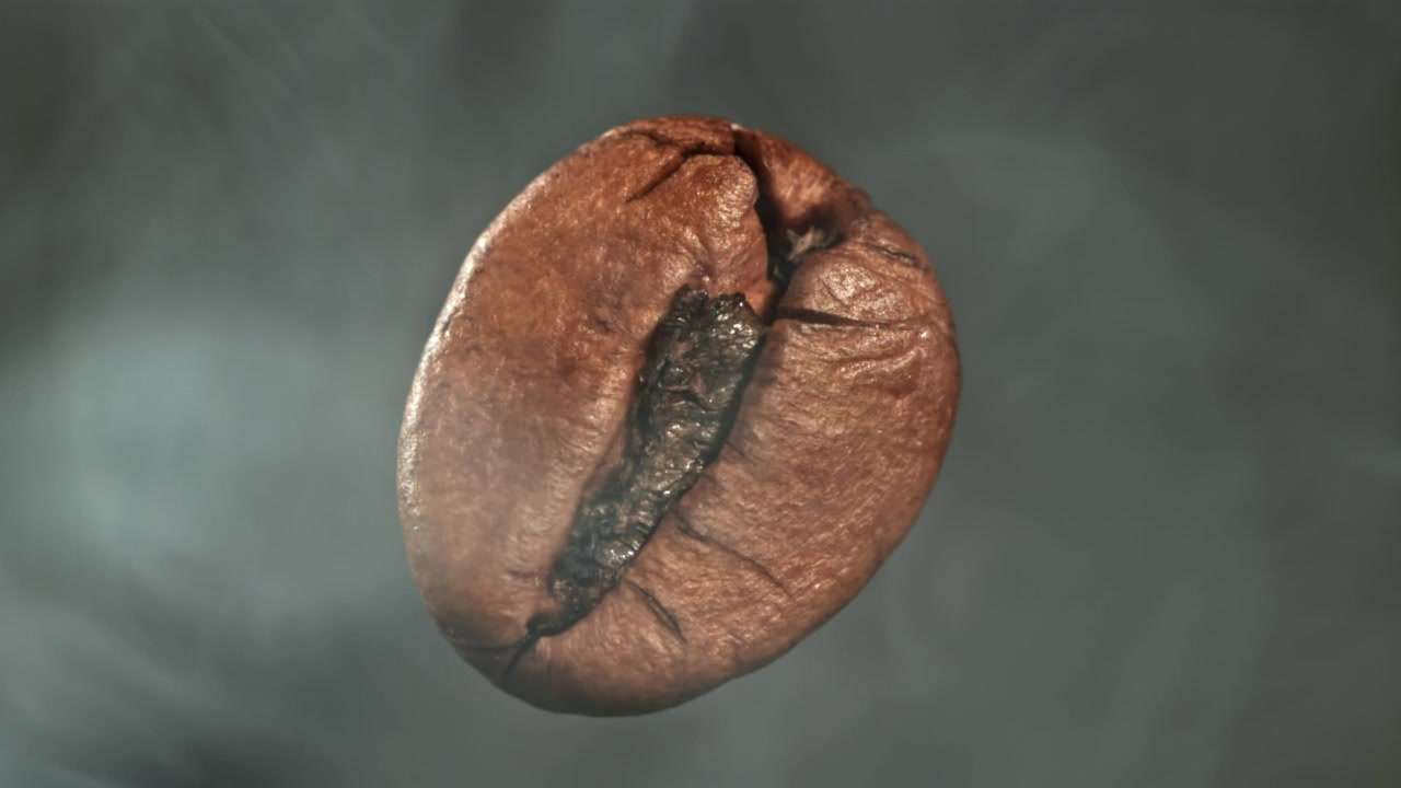 Primo piano di un singolo chicco di caffè tostato con vapore che sale