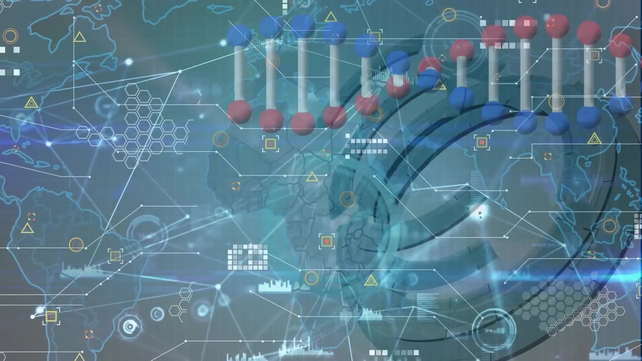 Animated DNA chain rotates over shapes and faces, symbolizing global digital connections.