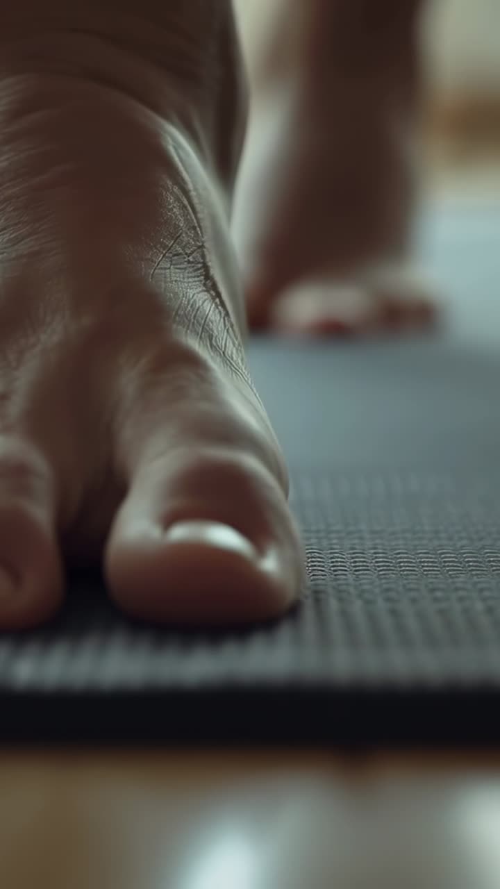Video verticale: Un piede nudo si posa sul tappetino da yoga a casa mentre l'altro si sistema, preparandosi per lo yoga.