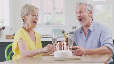 Retired-Couple-Celebrating-Birthday-With-Glass-Of-Champagne-And-Cake-At-Home-Together