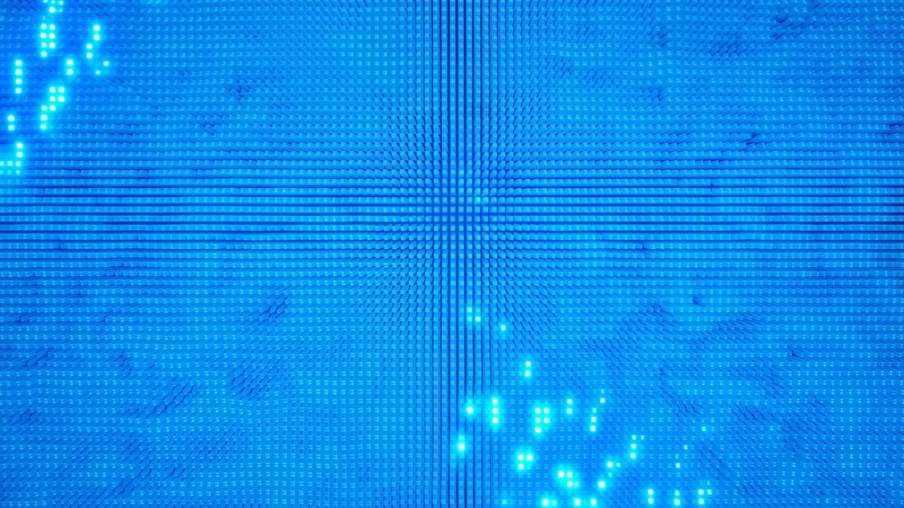 Frontal view of dense blue LED grid on modular panel, with cyan pixels lighting in diagonal serpentine streak, strong symmetry, luminous contrast, and futuristic electronic texture